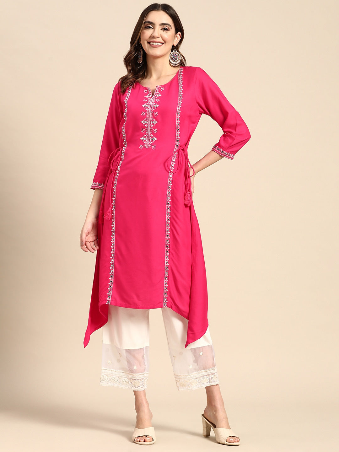 Sangria Floral Embroidered Mirror Work Kurta