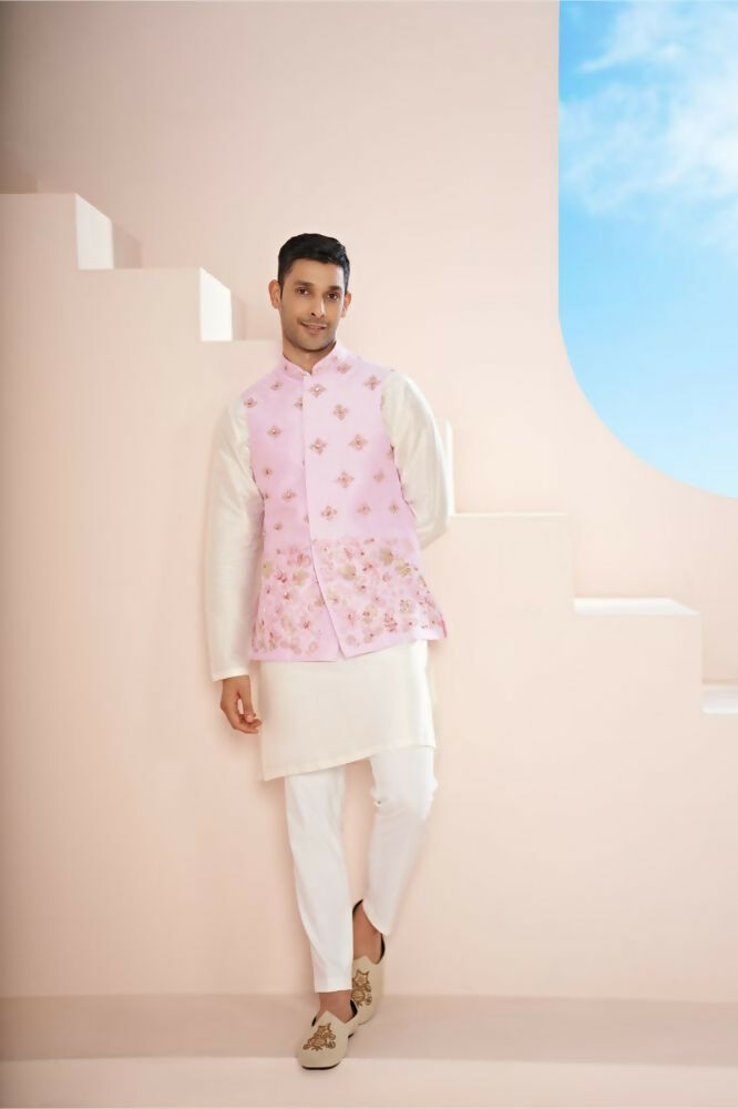 Lavender Pink Hand Embroidered Nehru Jacket by Hilo Design