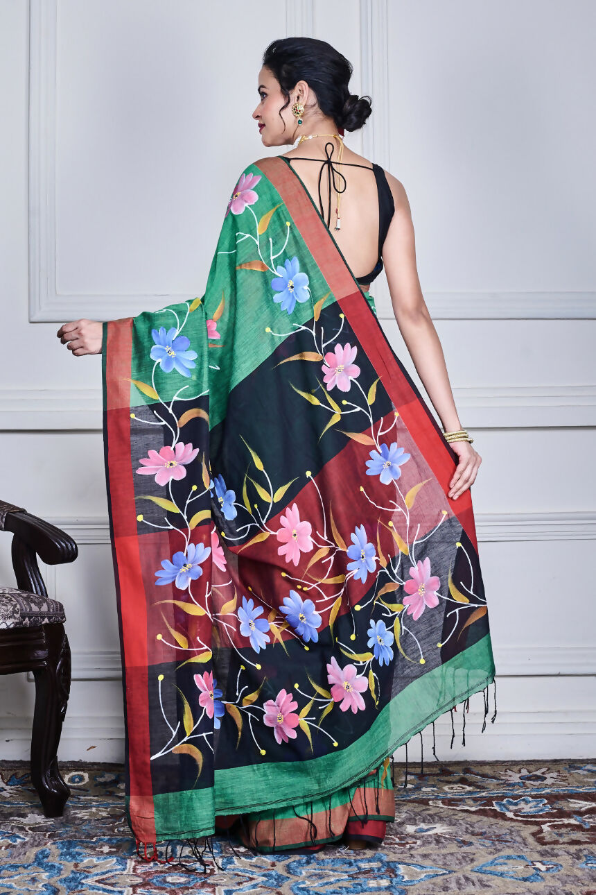 Morchari Multicolour Cotton Handloom Mirror Work Saree Unstitched Blouse - Distacart