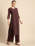 All About You Women Brown Ethnic Motifs Embroidered Regular Chikankari Kurta with Palazzos