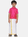 Sethukrishna Boys Pink & White Solid Shirt and Veshti
