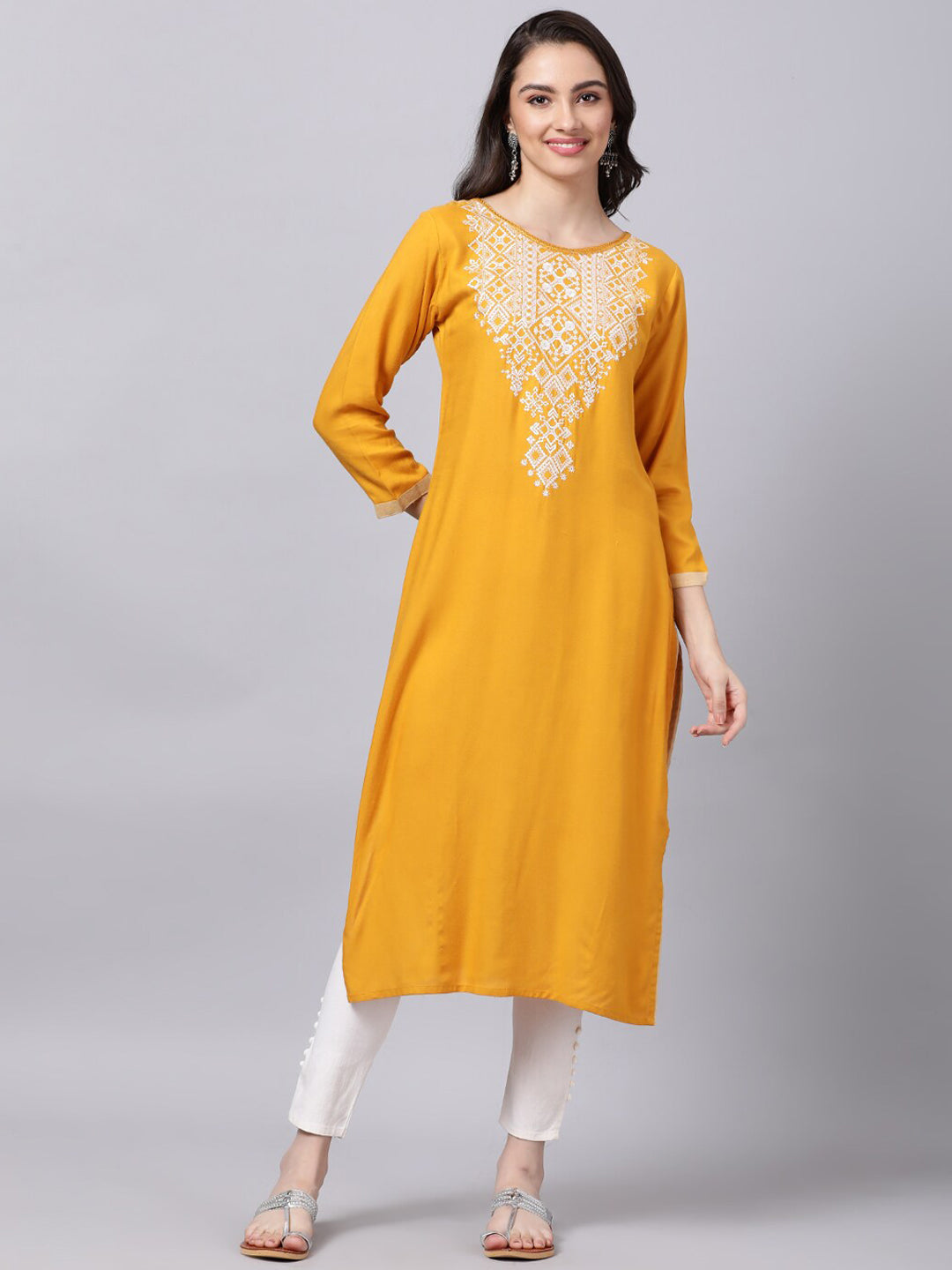 Souchii Women Tan & White Geometric Yoke Design Thread Work Grandeur & Majestic Artwork Kurta - Distacart
