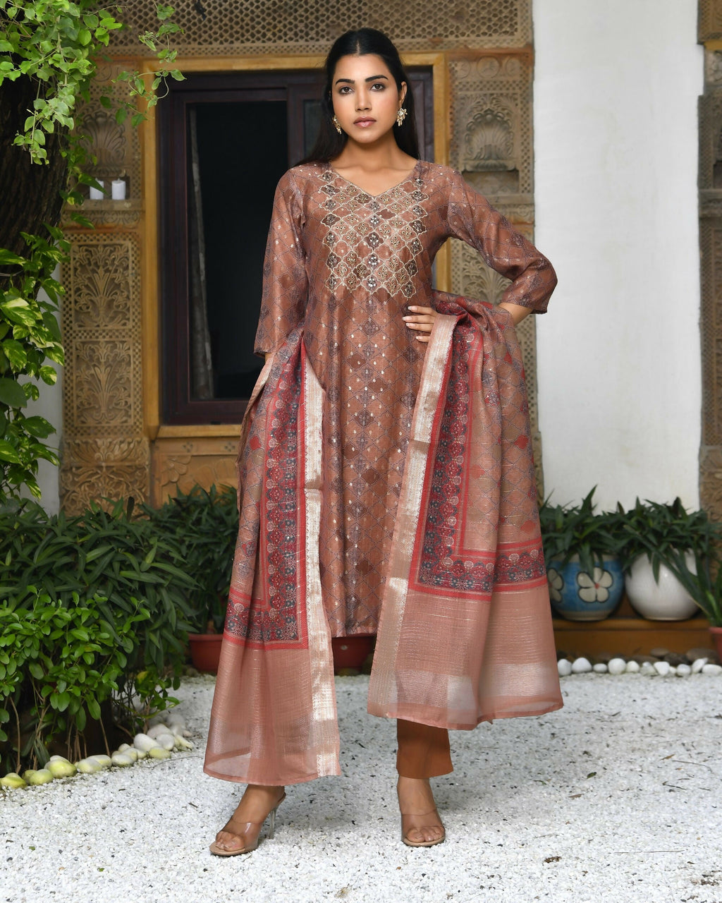 Vaasva Women's Chanderi Printed Suit Set With Pant And Printed Dupatta