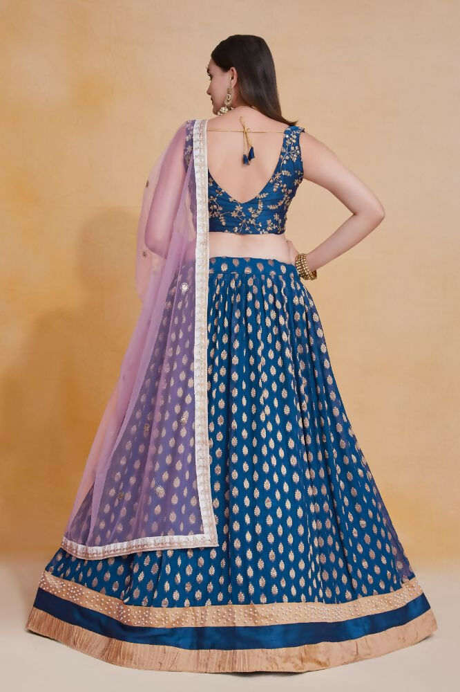 Teal Blue Zari Weaving Work Georgette Banarasi Lehenga Choli - Jihu Culture