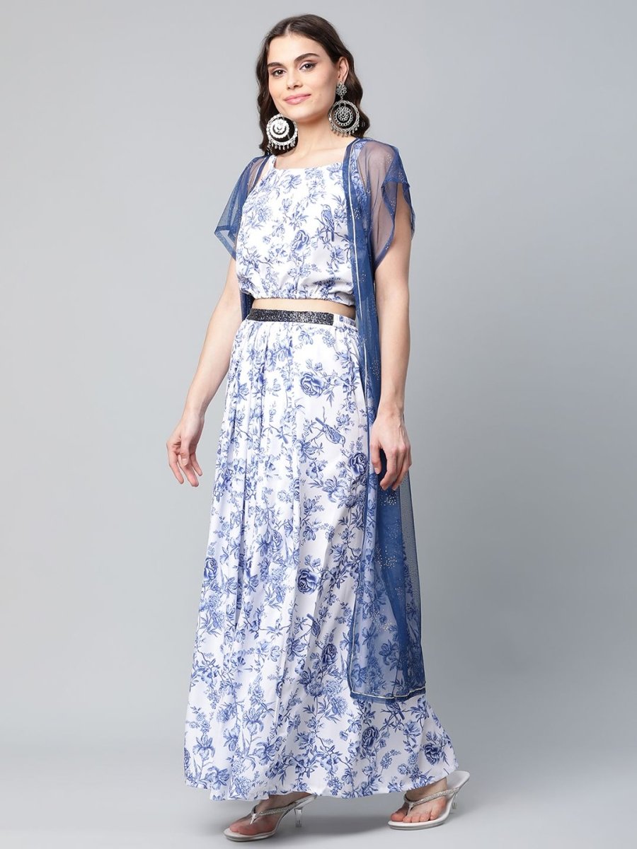 Ahalyaa Women Blue Crepe Printed Top with Skirt with Net Overlay - Distacart