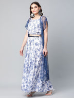 Ahalyaa Women Blue Crepe Printed Top with Skirt with Net Overlay - Distacart