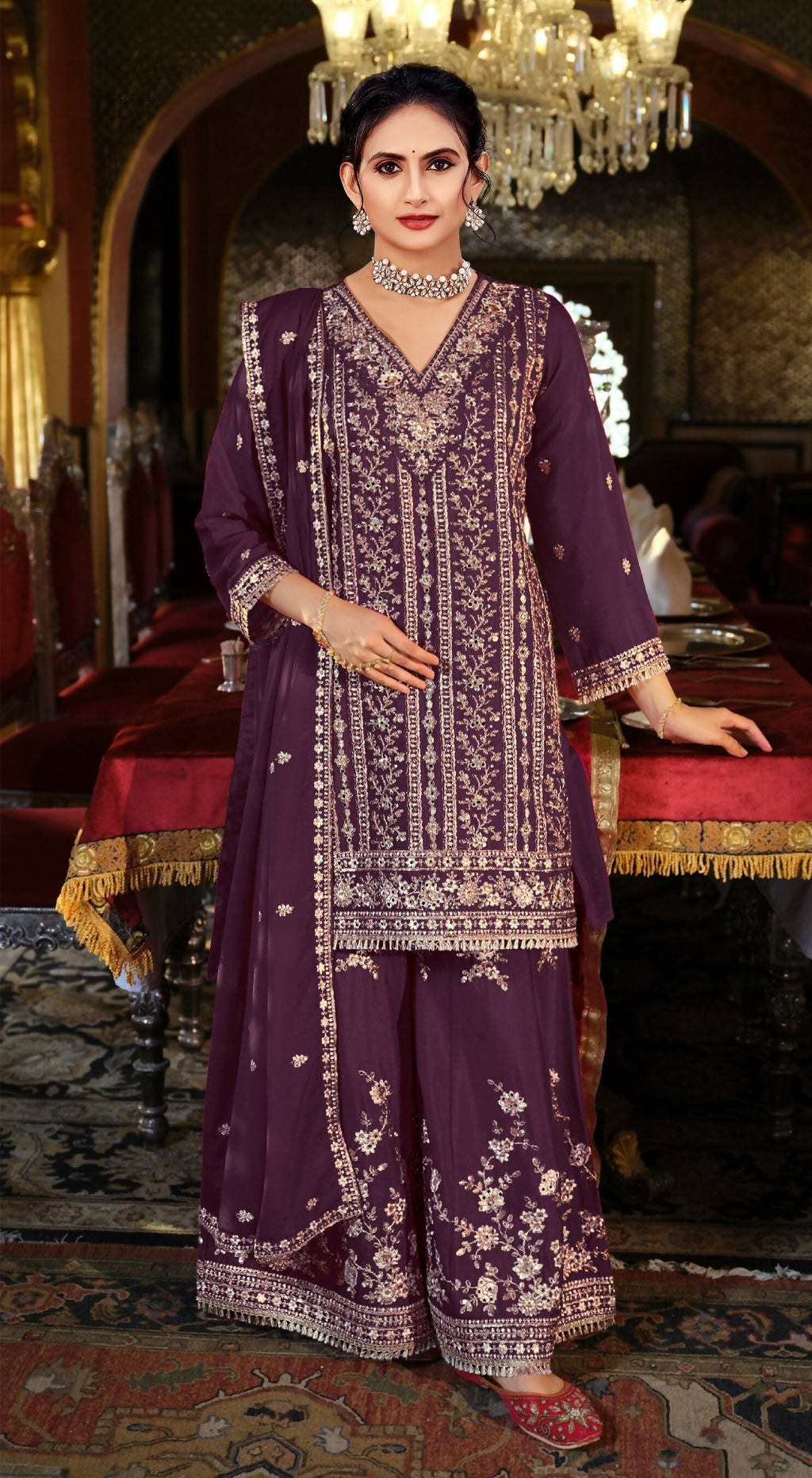 Anaita Maroon Chinon Stitched Suit with Embroidery Coding Sequence Work - Distacart