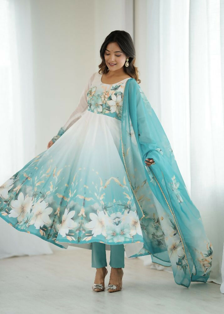 Joban Fashion Aqua Blue Kurta Set Organza Sequin Embroidery Work - Distacart