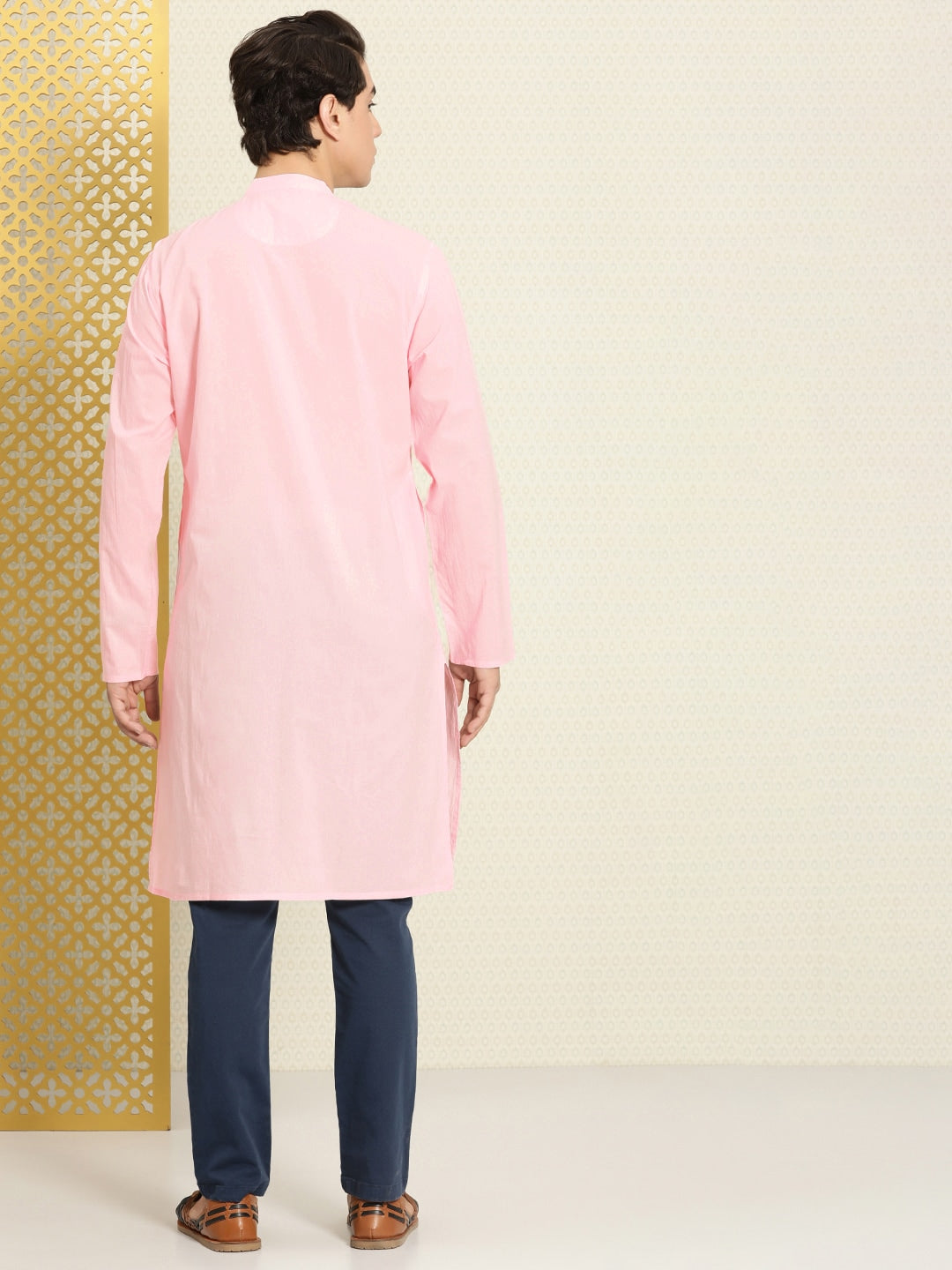 House of Pataudi Men Chikankari Yoke Design Pastels Pure Cotton Rozana Kurta
