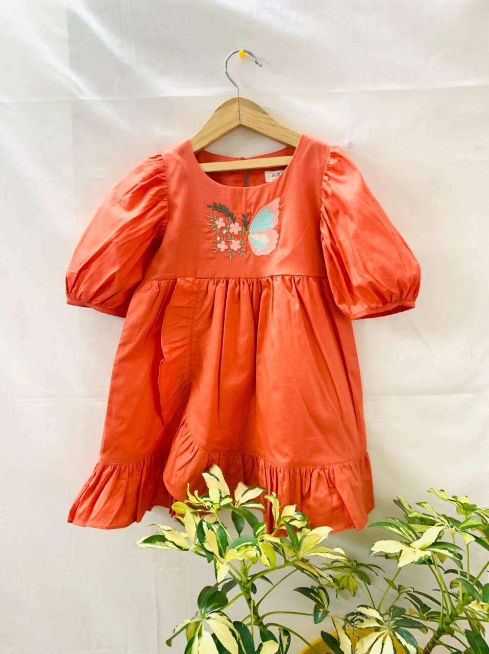 ArthLife Orange Butterfly Embroidered Dress