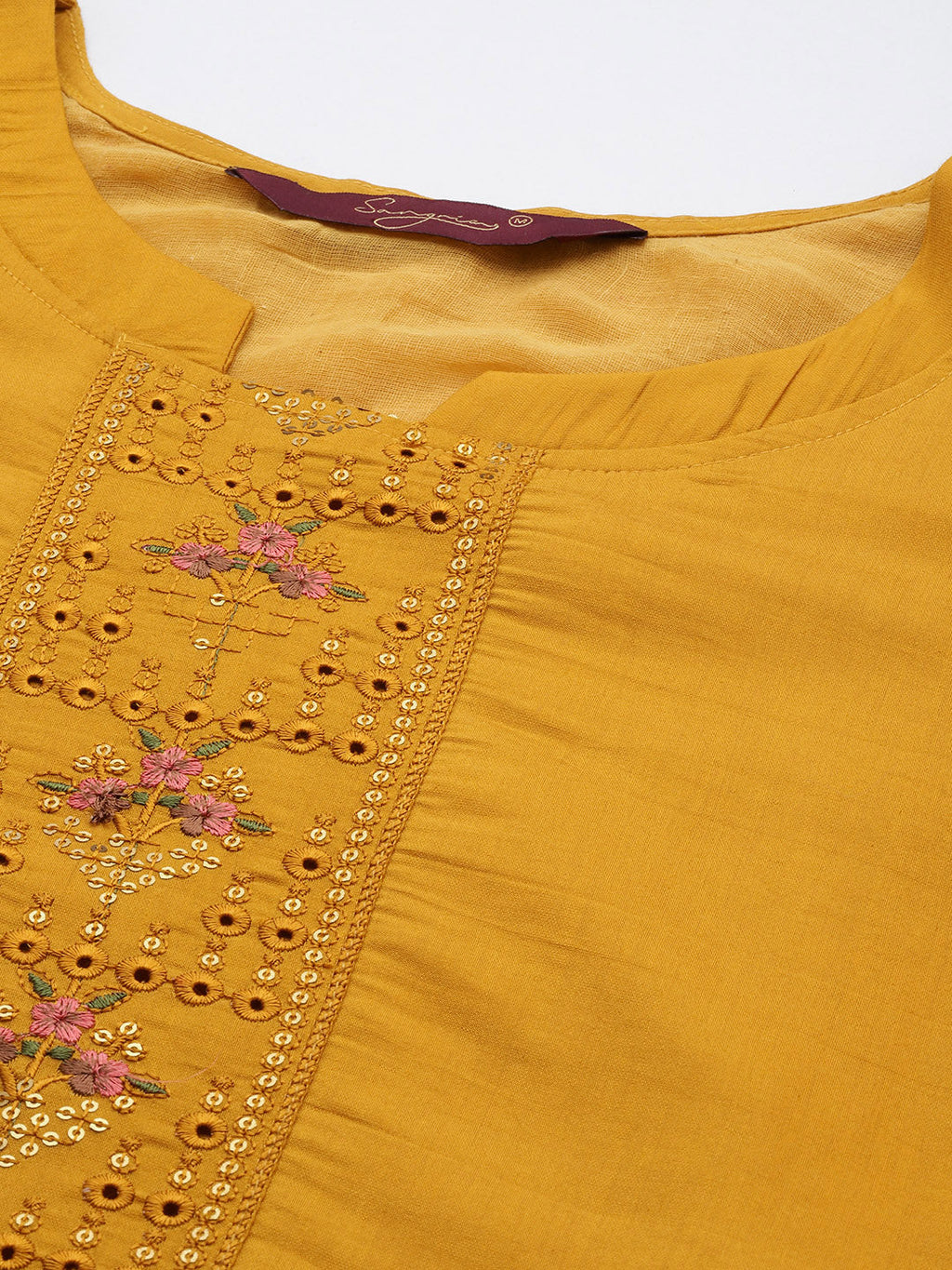 Sangria Women Mustard Yellow & Green Ethnic Motifs Embroidered Cotton Kurta Set