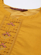 Sangria Women Mustard Yellow & Green Ethnic Motifs Embroidered Cotton Kurta Set