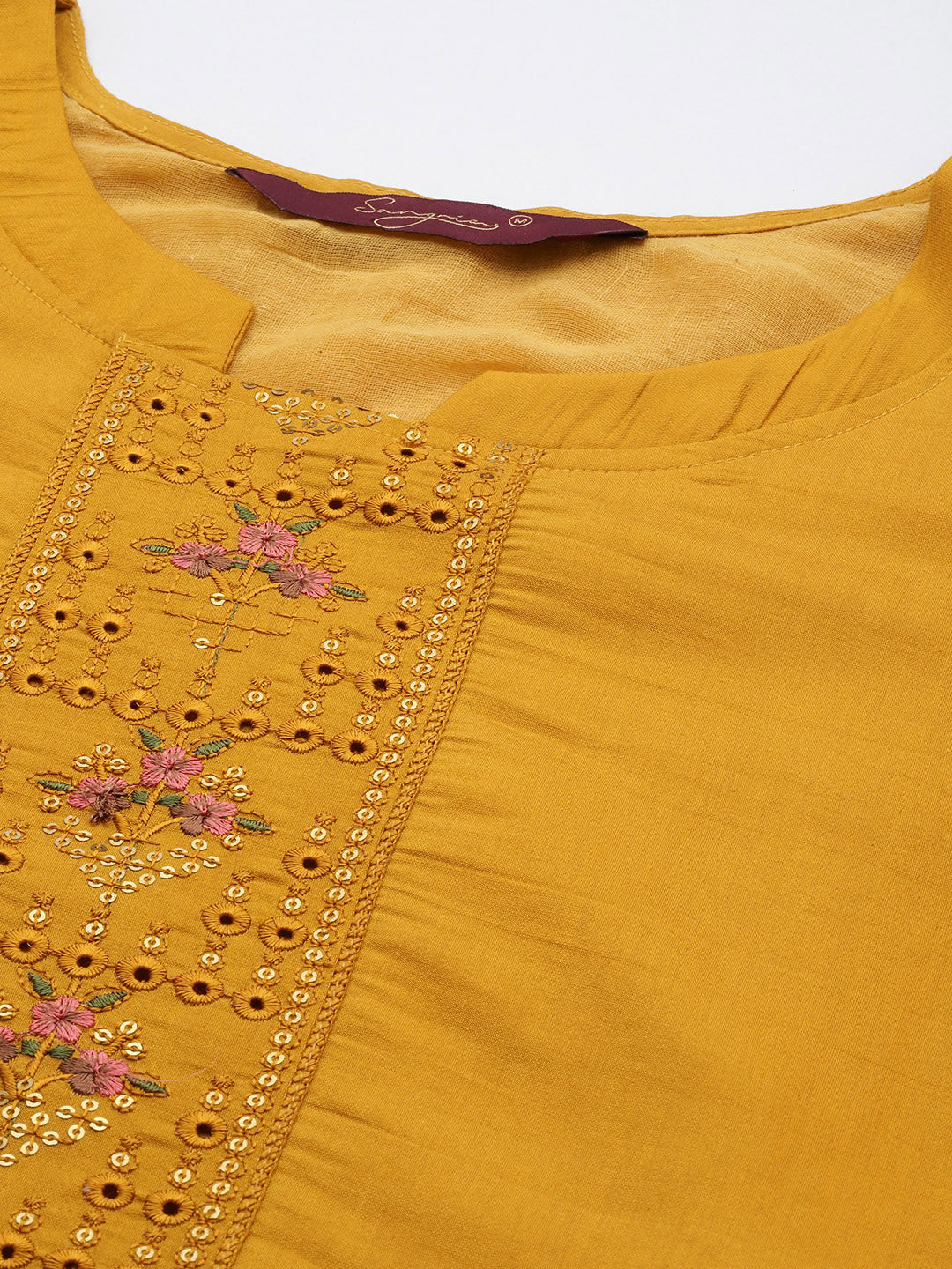 Sangria Women Mustard Yellow & Green Ethnic Motifs Embroidered Cotton Kurta Set