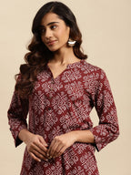 Sangria Maroon Bandhani Printed Pure Cotton Straight Kurta