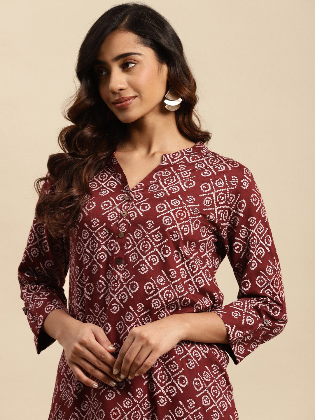 Sangria Maroon Bandhani Printed Pure Cotton Straight Kurta