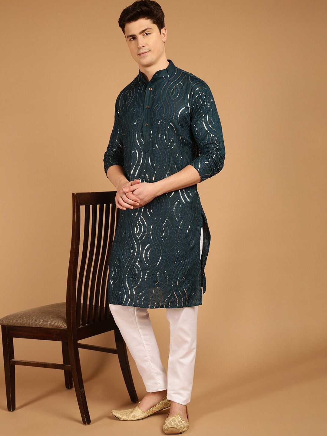 Sojanya Ethnic Motif Embroidered Band Collar Sequinned Pure Cotton Kurta