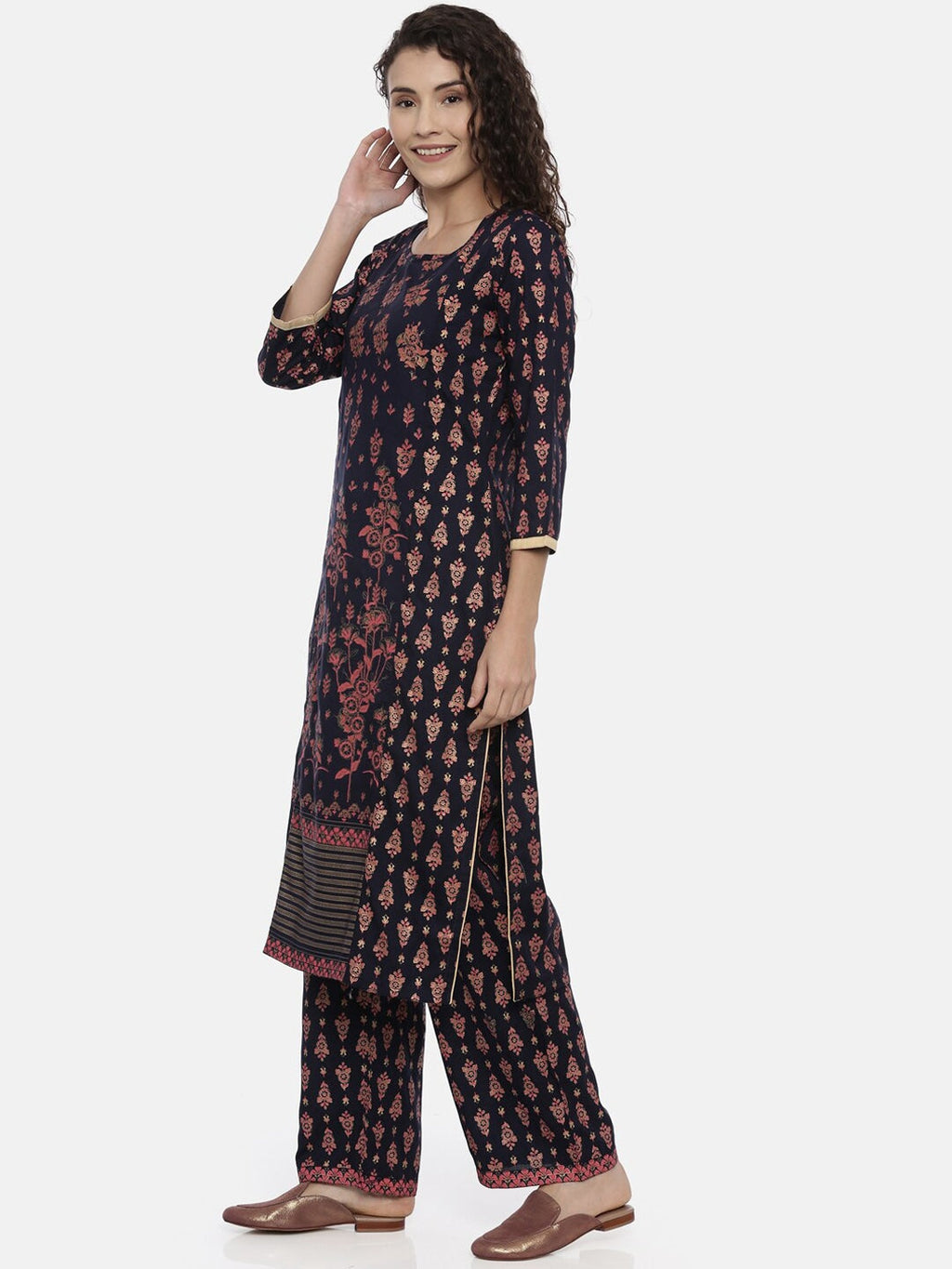 Souchii Navy Blue & Pink Printed Kurta with Palazzos - Distacart
