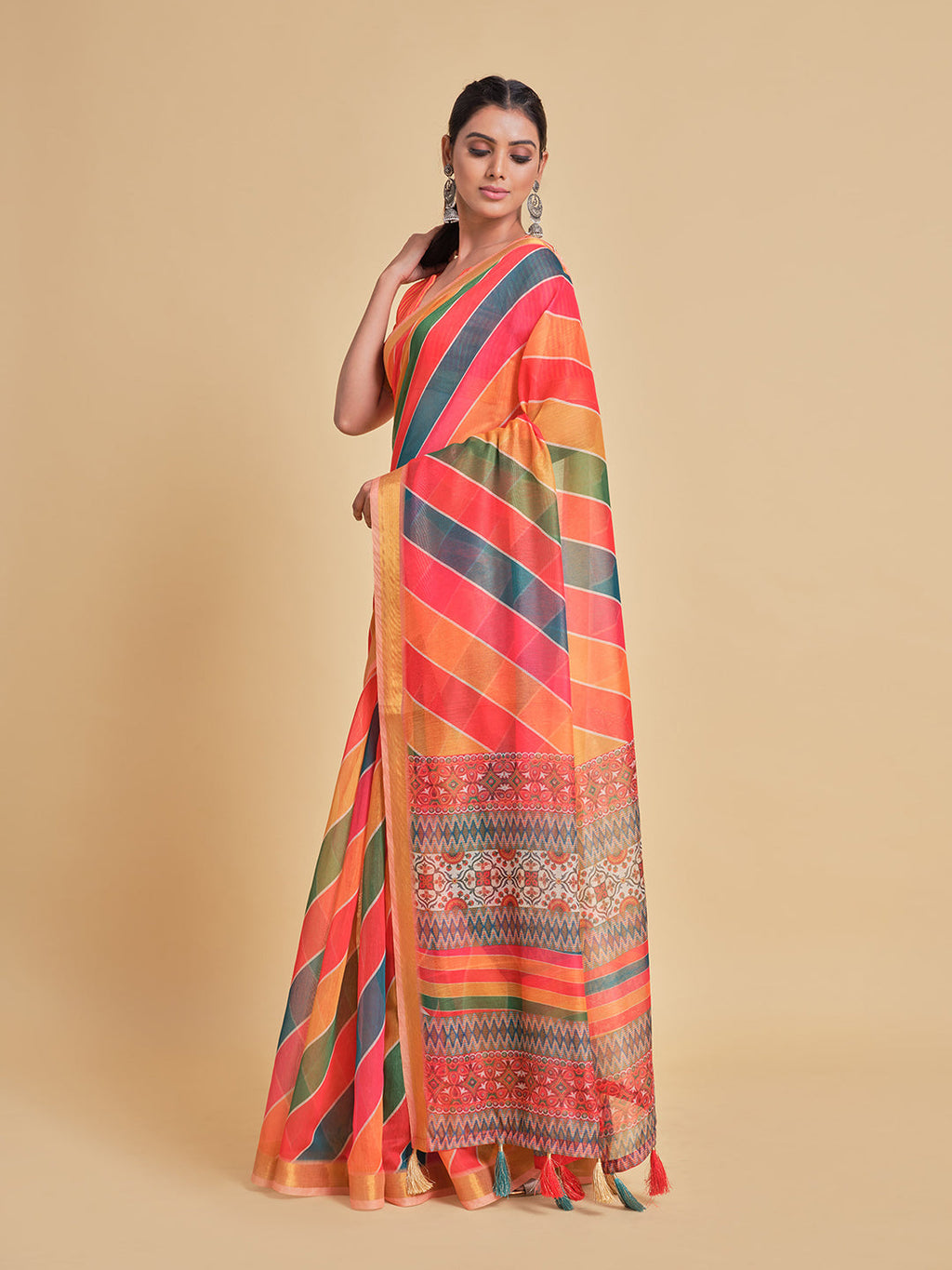 Sangria Orange & Green Printed Pure Cotton Saree - Distacart