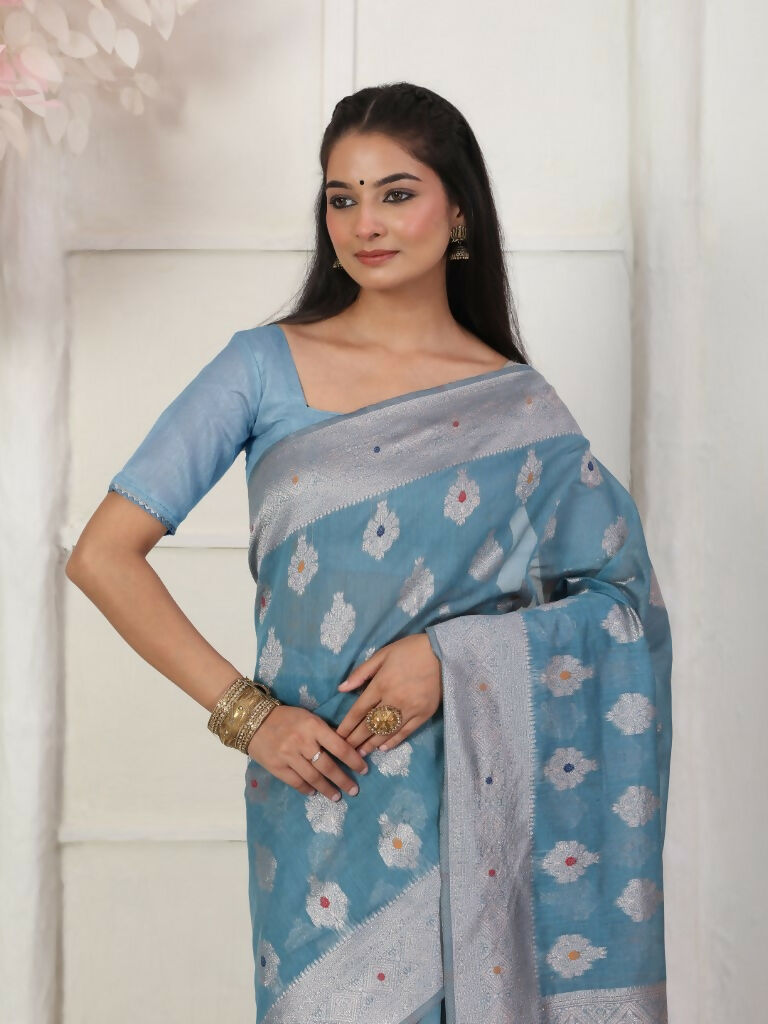 Shree Shyam Fashion Linen Cotton Sky Blue Saree - Distacart