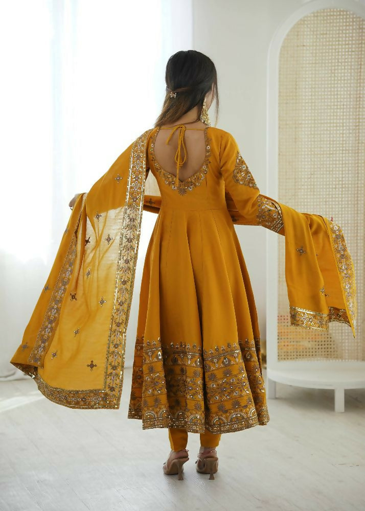Teeya Creation Yellow Roman Silk Embroidery Work Party Wear long Gown - Distacart