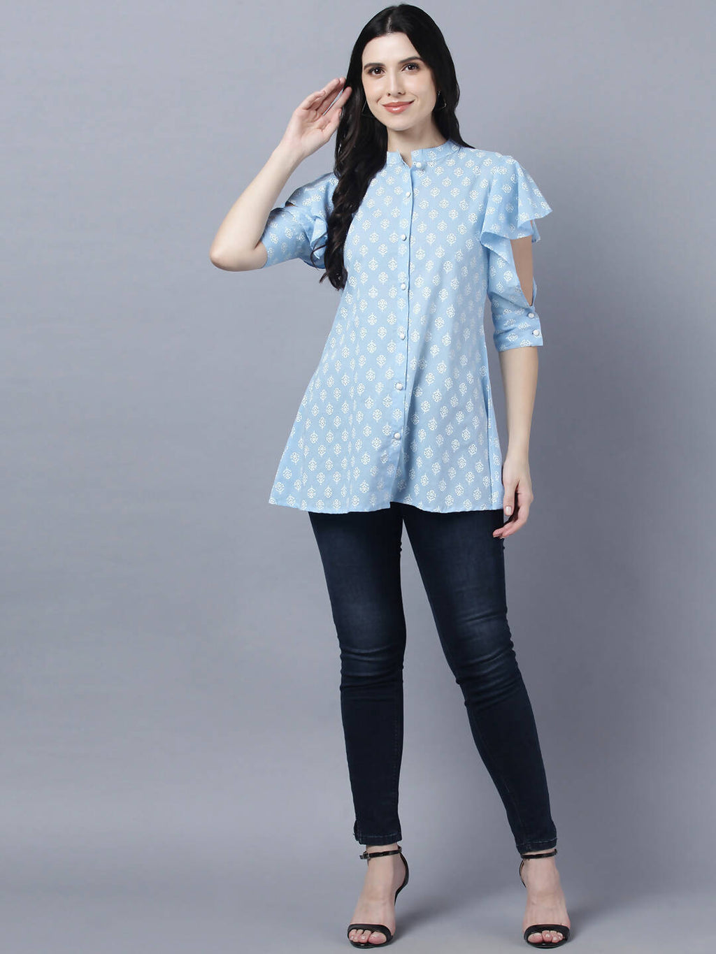 Myshka Stylish Blue Cotton Half Sleeve Women's Top - Distacart