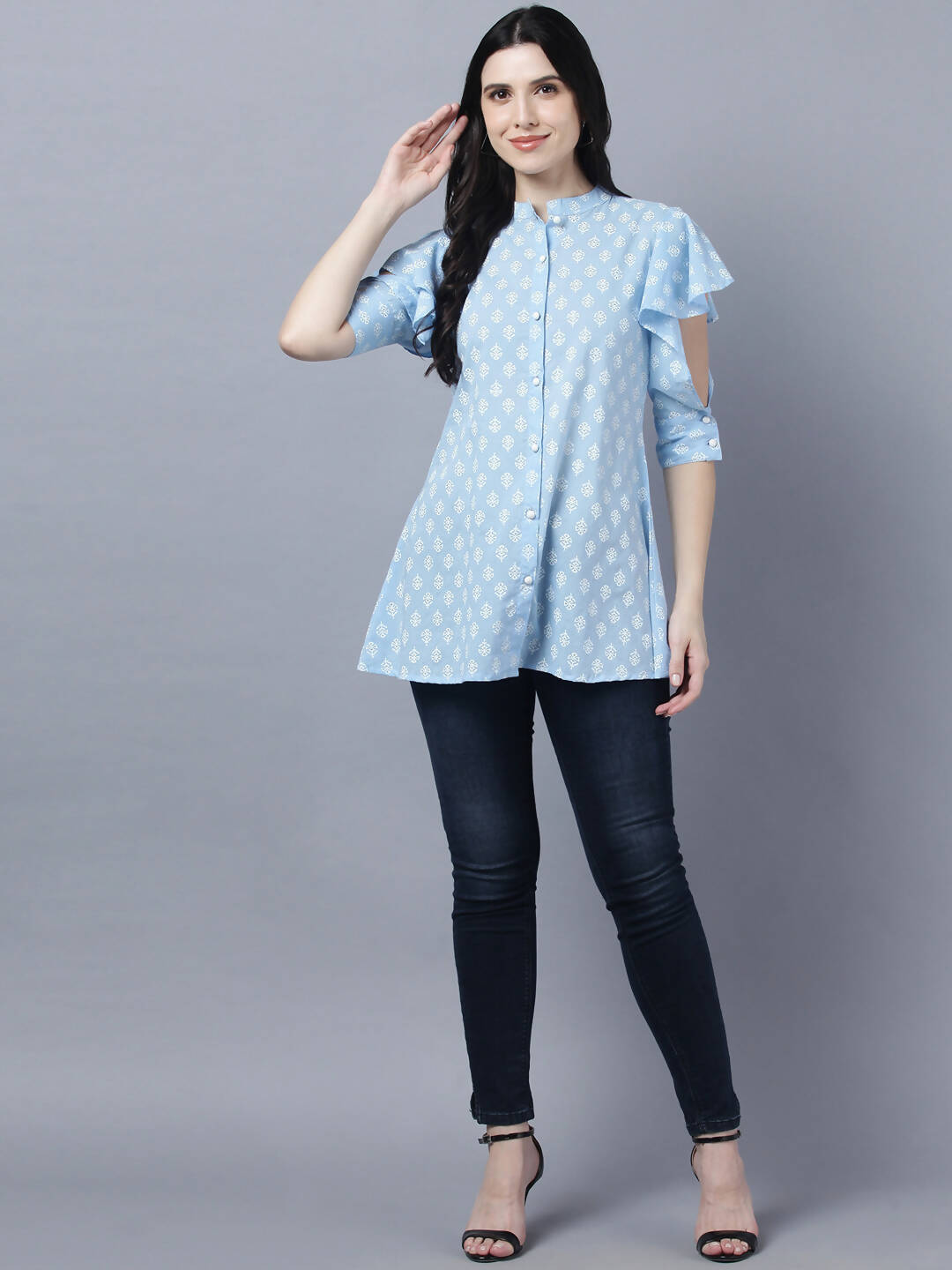 Myshka Stylish Blue Cotton Half Sleeve Women's Top - Distacart