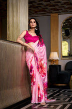 Vastranavya Baby Pink Satin Silk Printed Saree with Hotfix Work Unstitched Blouse