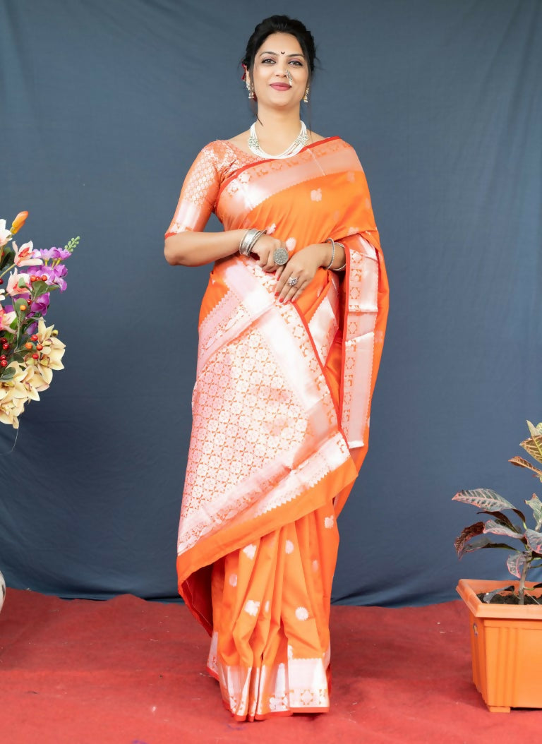 Jyoti Fashion Women's Orange Soft Banarasi Silk Zari Woven Saree with Blouse