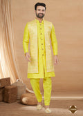 Joban Fashion Men's Lemon Yellow Heavy Art Silk Double Finish Plain Indowestern