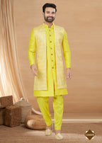 Joban Fashion Men's Lemon Yellow Heavy Art Silk Double Finish Plain Indowestern