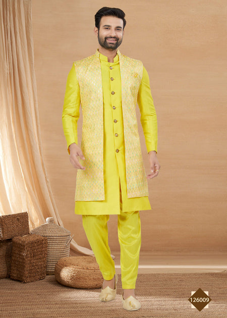 Joban Fashion Men's Lemon Yellow Heavy Art Silk Double Finish Plain Indowestern