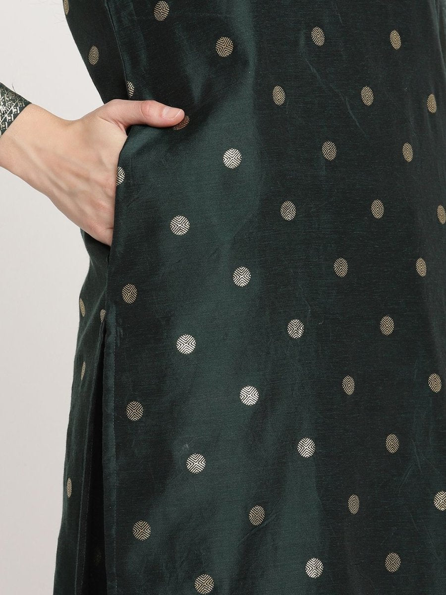 Ahalyaa Dark Green Gold Print Kurta Palazzo Set With Dupatta