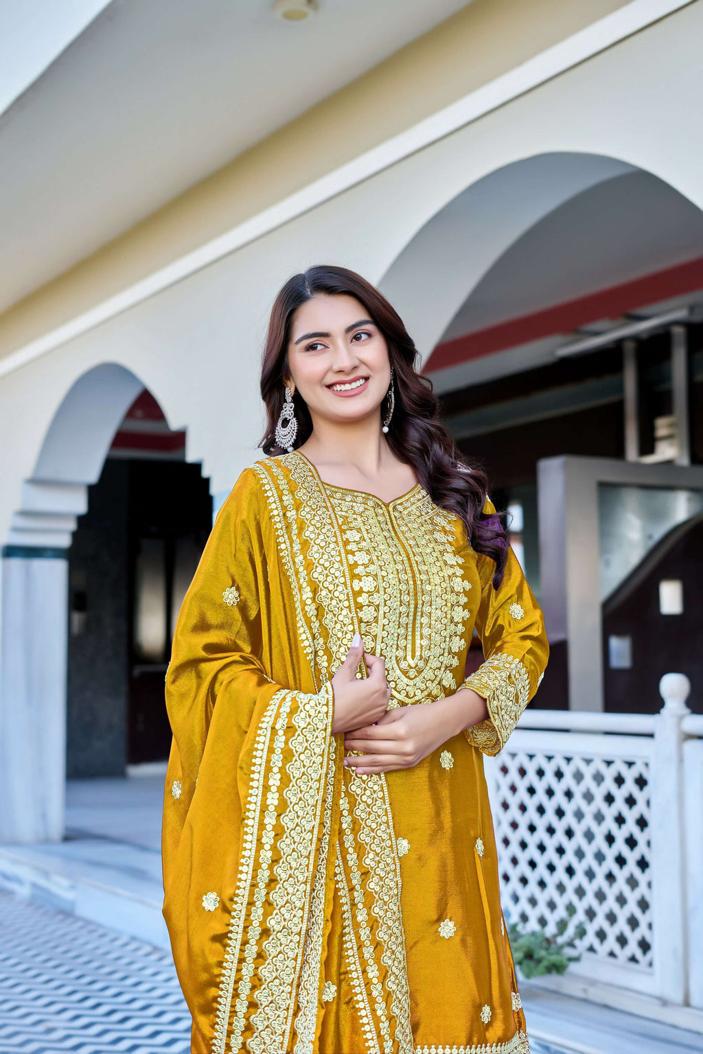 Teeya Creation Yellow Color Chinon Silk Heavy Embroidery Work Wedding Wear Sharara - Distacart