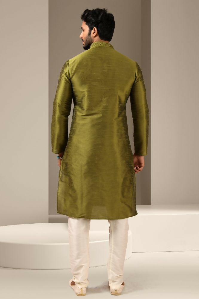 Raivat Ethnic Banarasi Art Silk Mirror Work Kurta Pajama In Green Colour