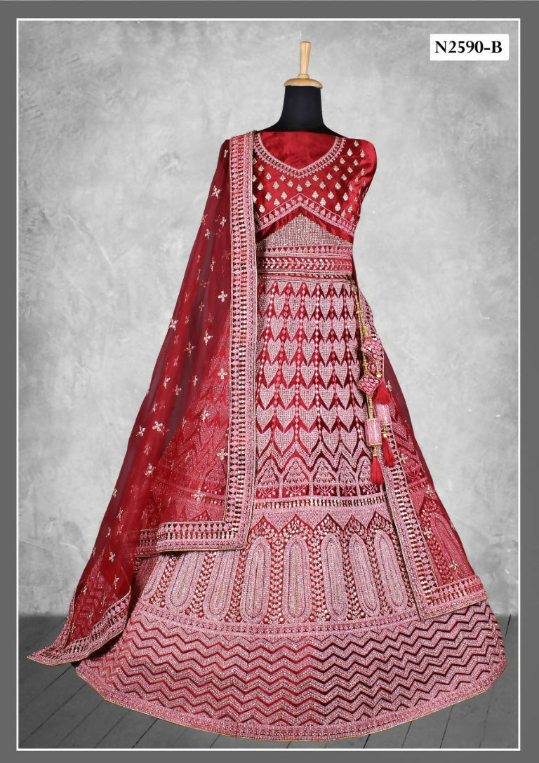 Red Velvet Thread With Diamond Work Lehenga Choli - Nimaya Tyohar