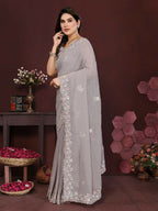 PR Fashion Grey Georgette Embroidery Work With Embroidery Work Blouse Saree