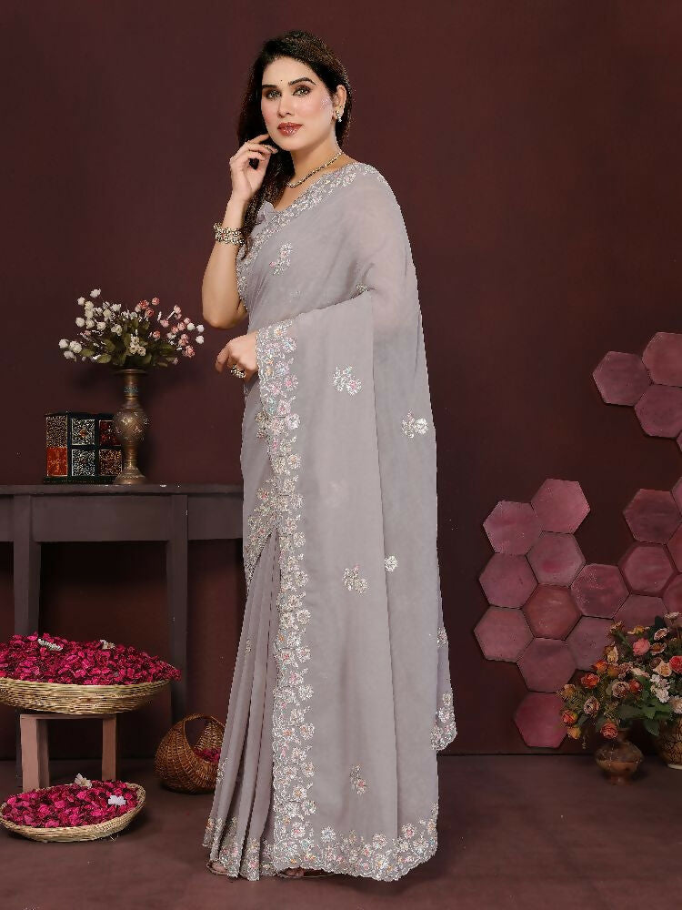 PR Fashion Grey Georgette Embroidery Work With Embroidery Work Blouse Saree