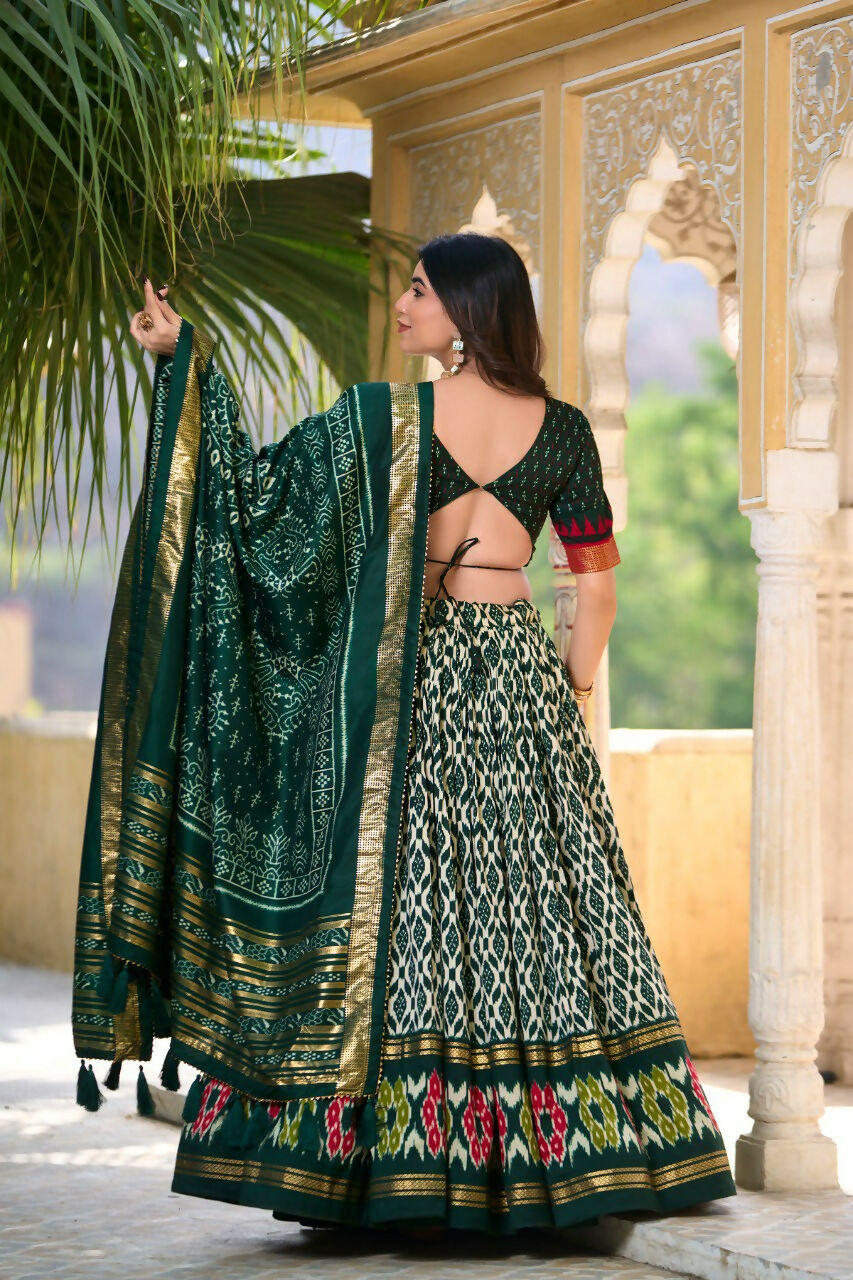 Vastranavya Designer Ikkat Print With Foil Work Lehenga Choli - Green