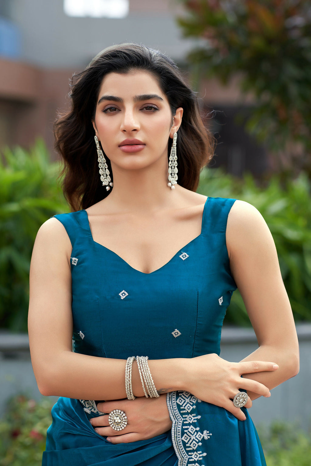 Vastranavya Teal Embroidery Work Shimmer Chiffon Saree with Unstitched Blouse - Distacart