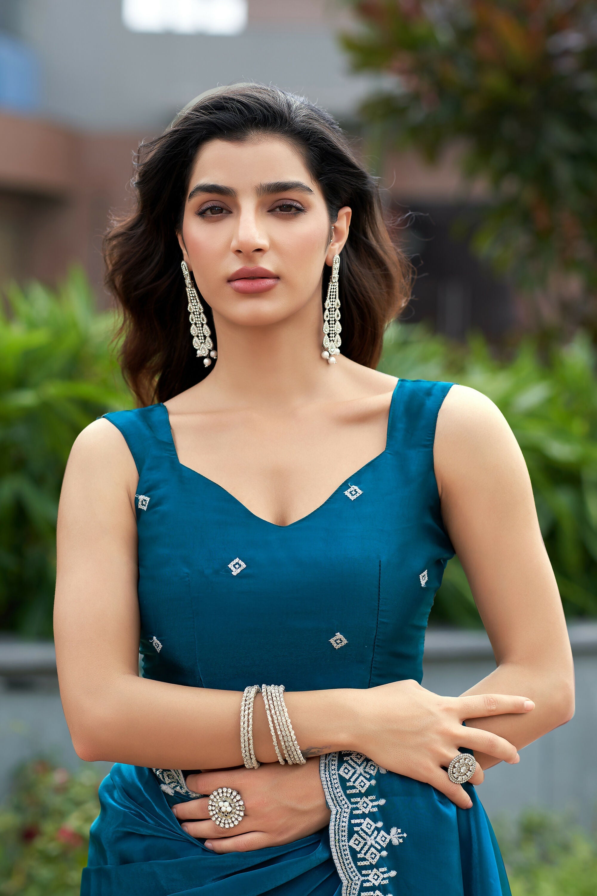 Vastranavya Teal Embroidery Work Shimmer Chiffon Saree with Unstitched Blouse - Distacart