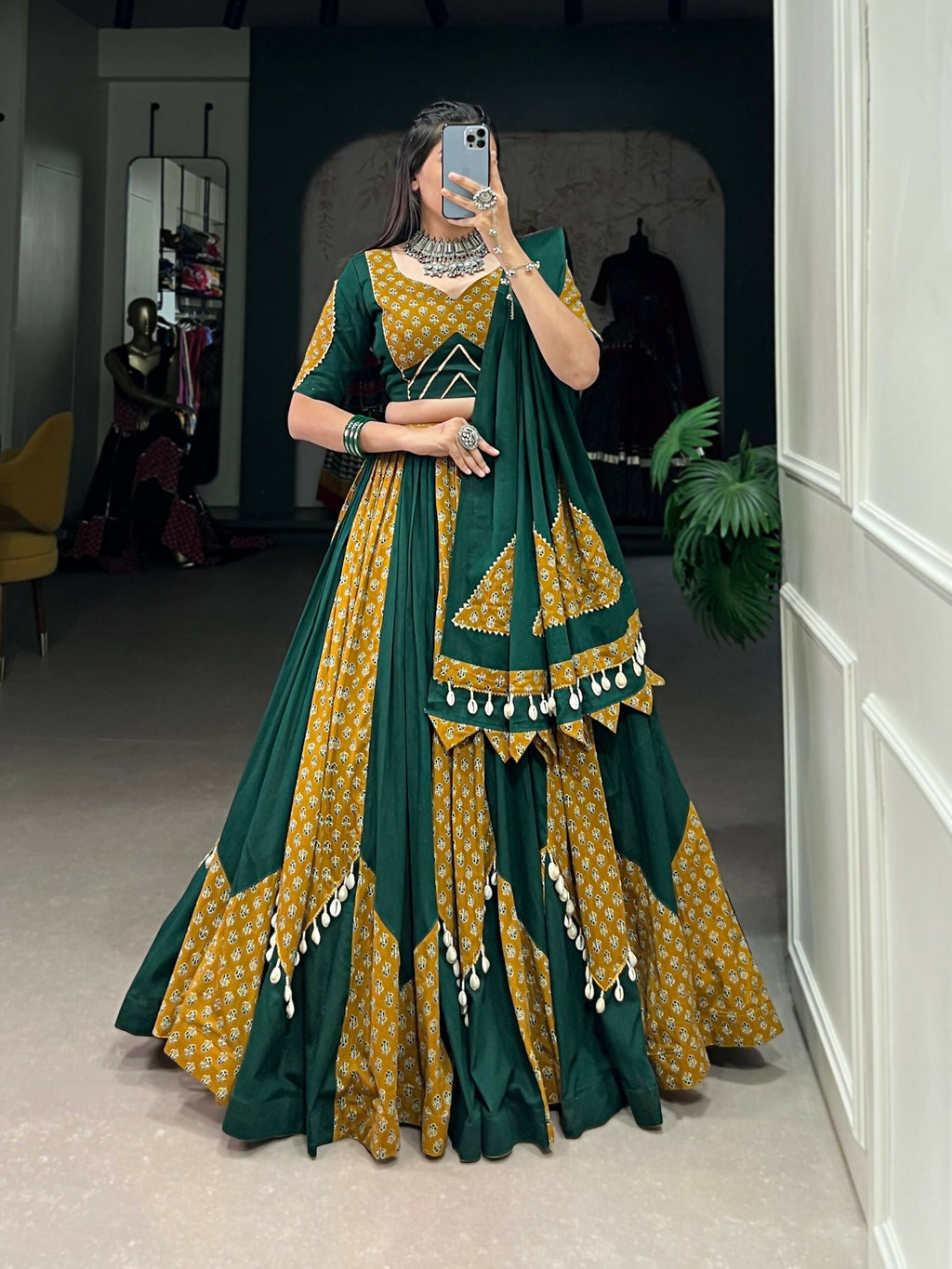 Vastranavya Navaratri Special Pure Cotton Printed With Cowrie (Kodi) Lace Touch Up Lehenga with Stitched Blouse - Green