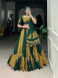 Vastranavya Navaratri Special Pure Cotton Printed With Cowrie (Kodi) Lace Touch Up Lehenga with Stitched Blouse - Green