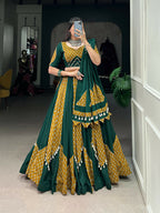 Vastranavya Navaratri Special Pure Cotton Printed With Cowrie (Kodi) Lace Touch Up Lehenga with Stitched Blouse - Green