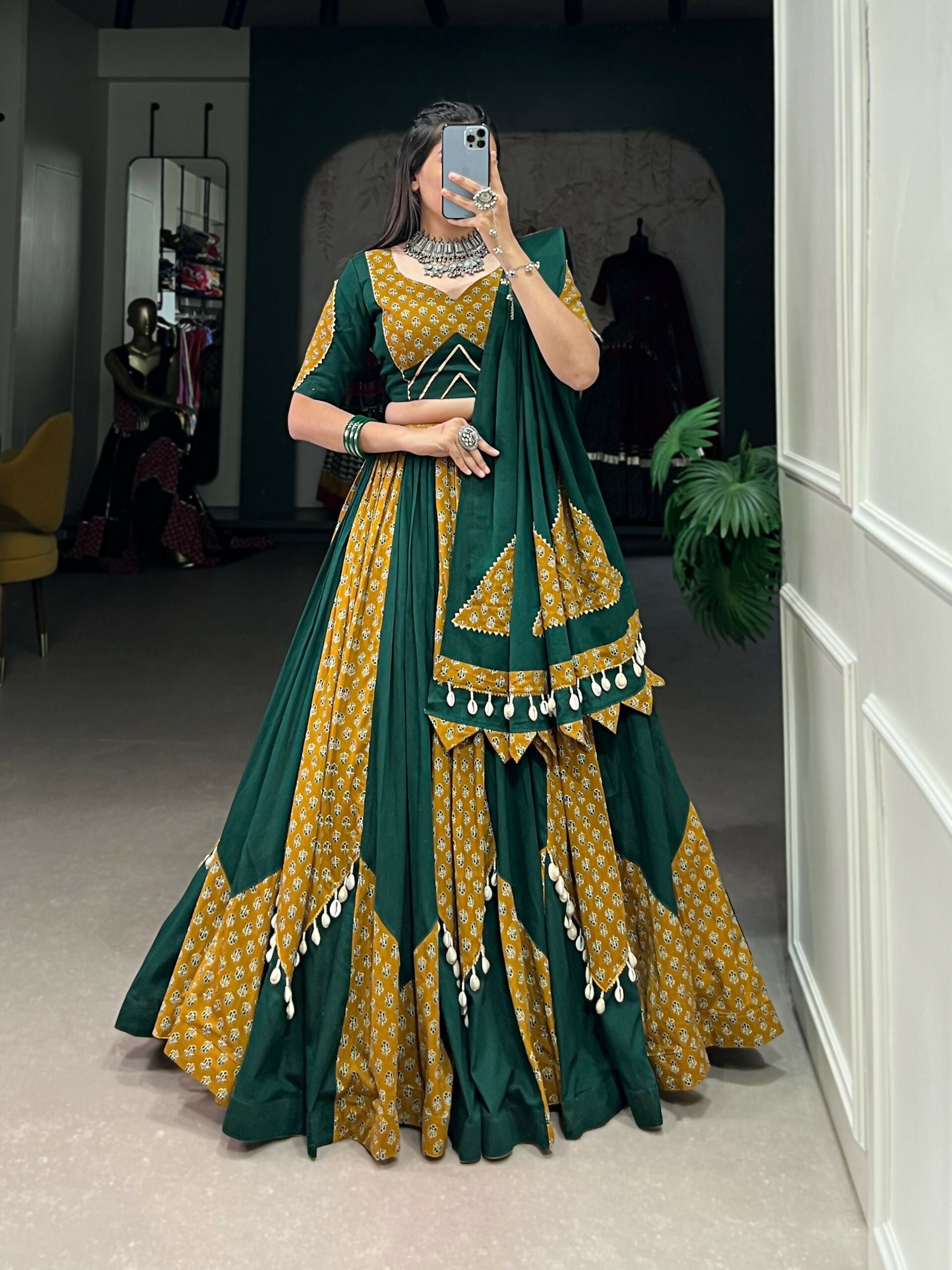 Vastranavya Navaratri Special Pure Cotton Printed With Cowrie (Kodi) Lace Touch Up Lehenga with Stitched Blouse - Green
