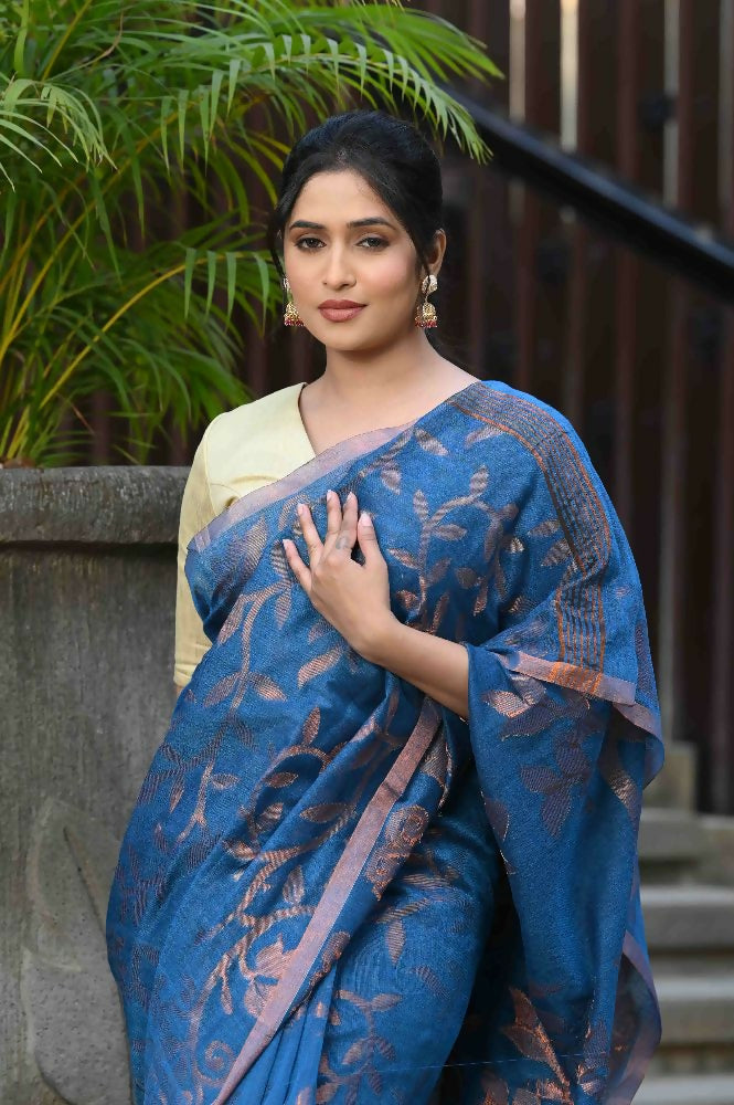 Beatitude Blue Cotton Floral Jamdani Saree