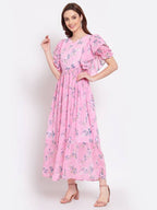 Myshka Women's Pink Printed Georgette Half Sleeve Round Neck Casual Dress
