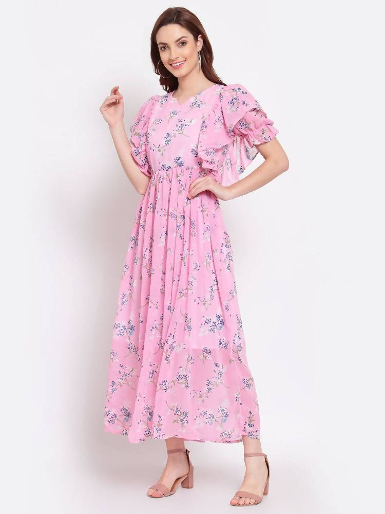 Myshka Women's Pink Printed Georgette Half Sleeve Round Neck Casual Dress