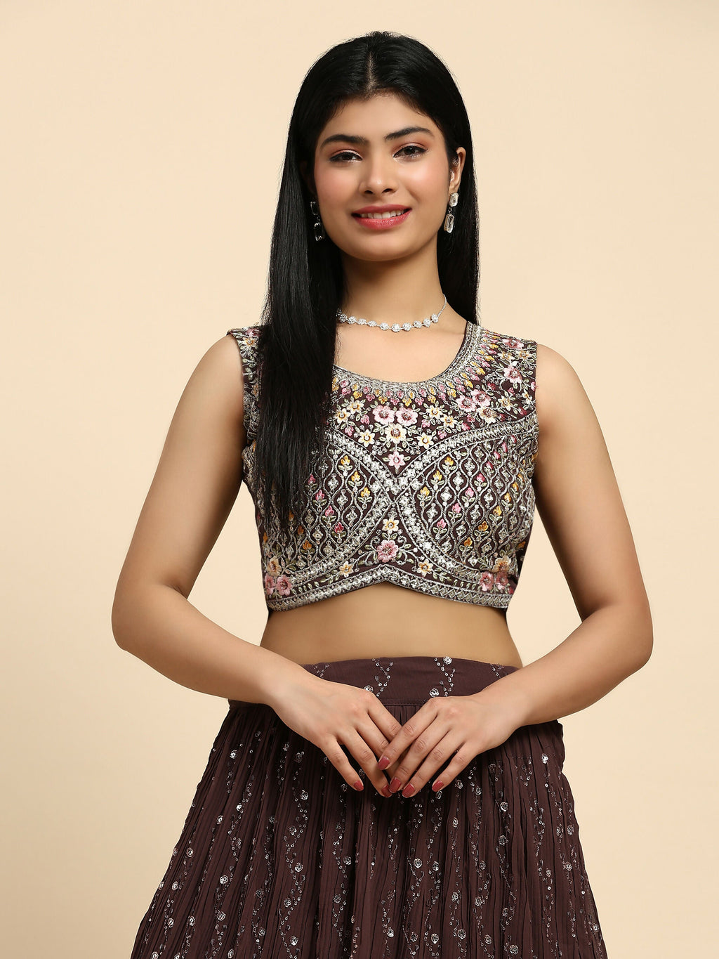 Brown Georgette Embroidered Lehenga choli with Dupatta - Dhara
