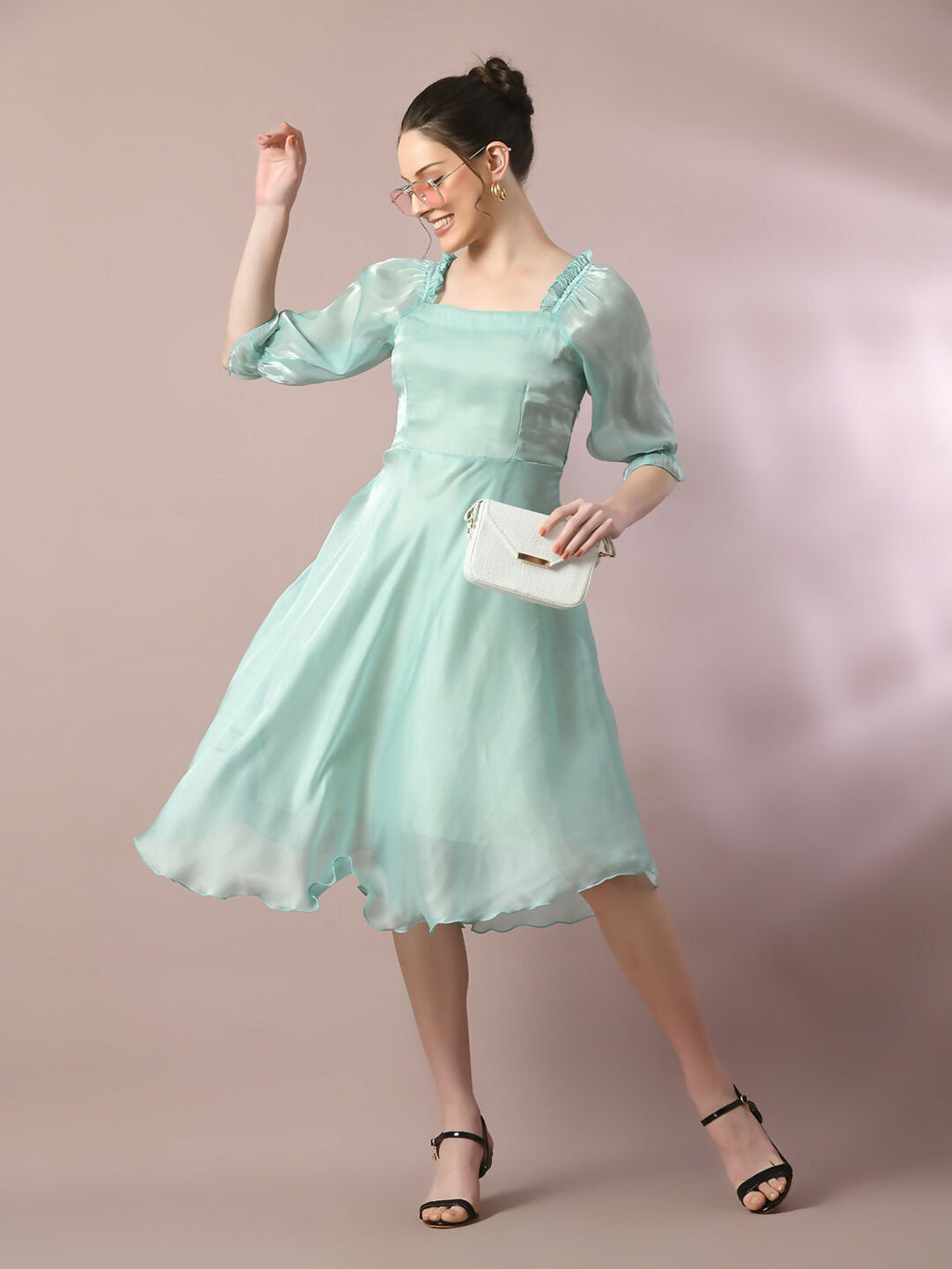 Myshka Women's Sea Green Solid Square Neck Fit and Flare Party Dress - Distacart