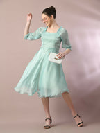 Myshka Women's Sea Green Solid Square Neck Fit and Flare Party Dress - Distacart